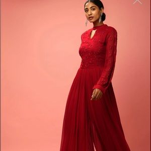 Deep Rose Red Jumpsuit In Georgette With Sequins Embroidered And Full Sleeves